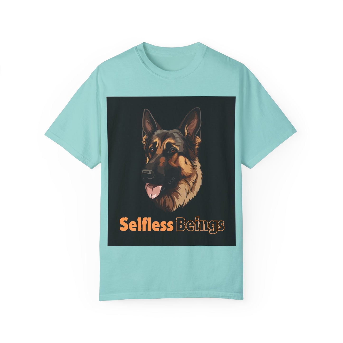 Unisex Dog Lover T-Shirt With Close Up Graphic of German Shepherd and Caption Selfless Beings is Written with Text Effect in Light Orange