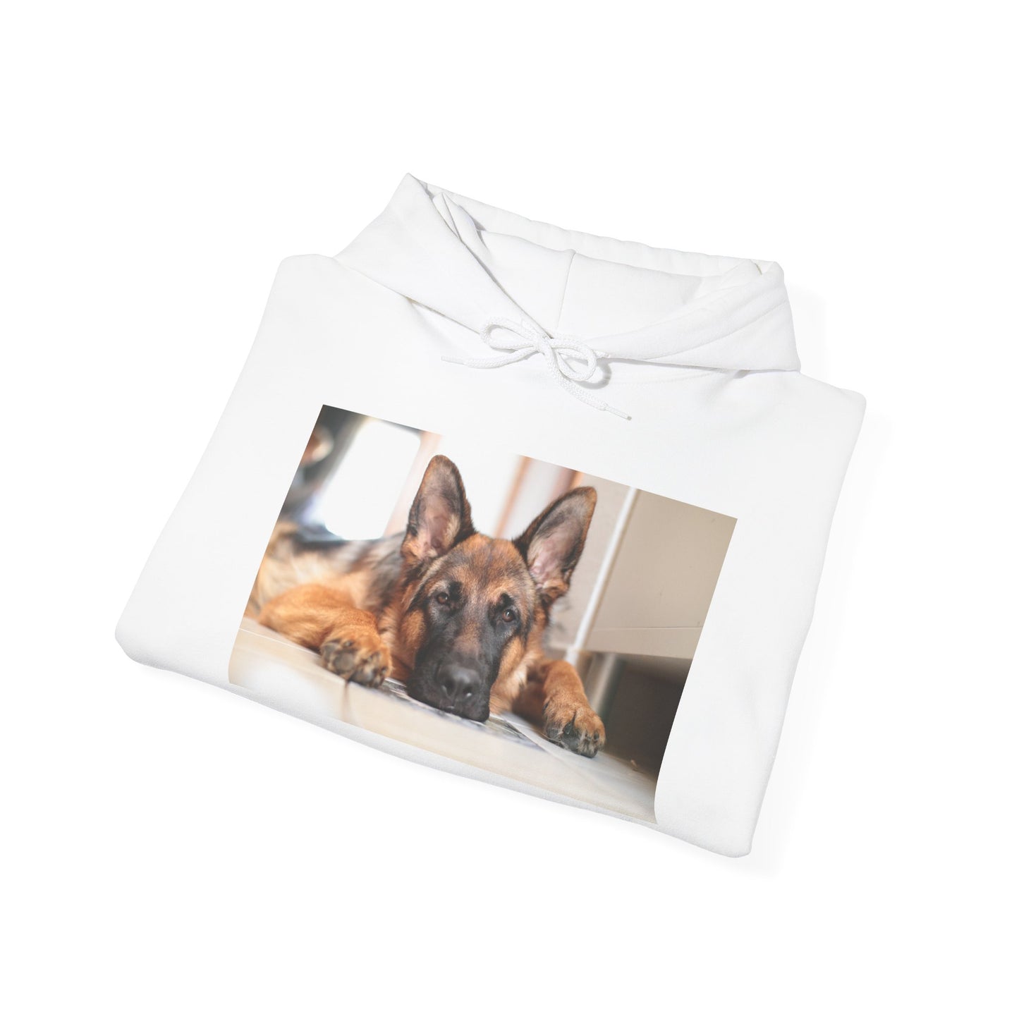 A Unisex Hoodie With a German Shepherd Lying His Head on the Floor