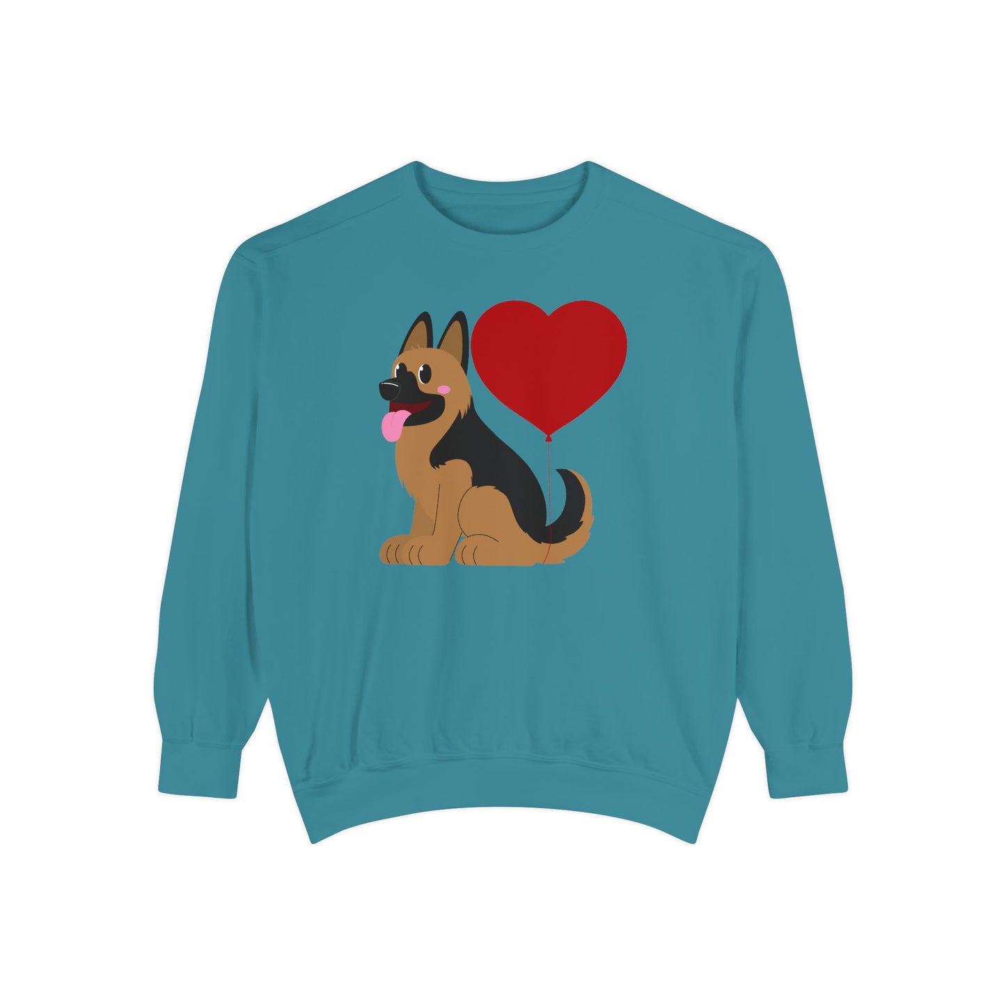 Unisex Dog Lover Sweatshirt With a Graphic of German Shepherd Puppy and Heart Shaped Balloon Attached With Tail