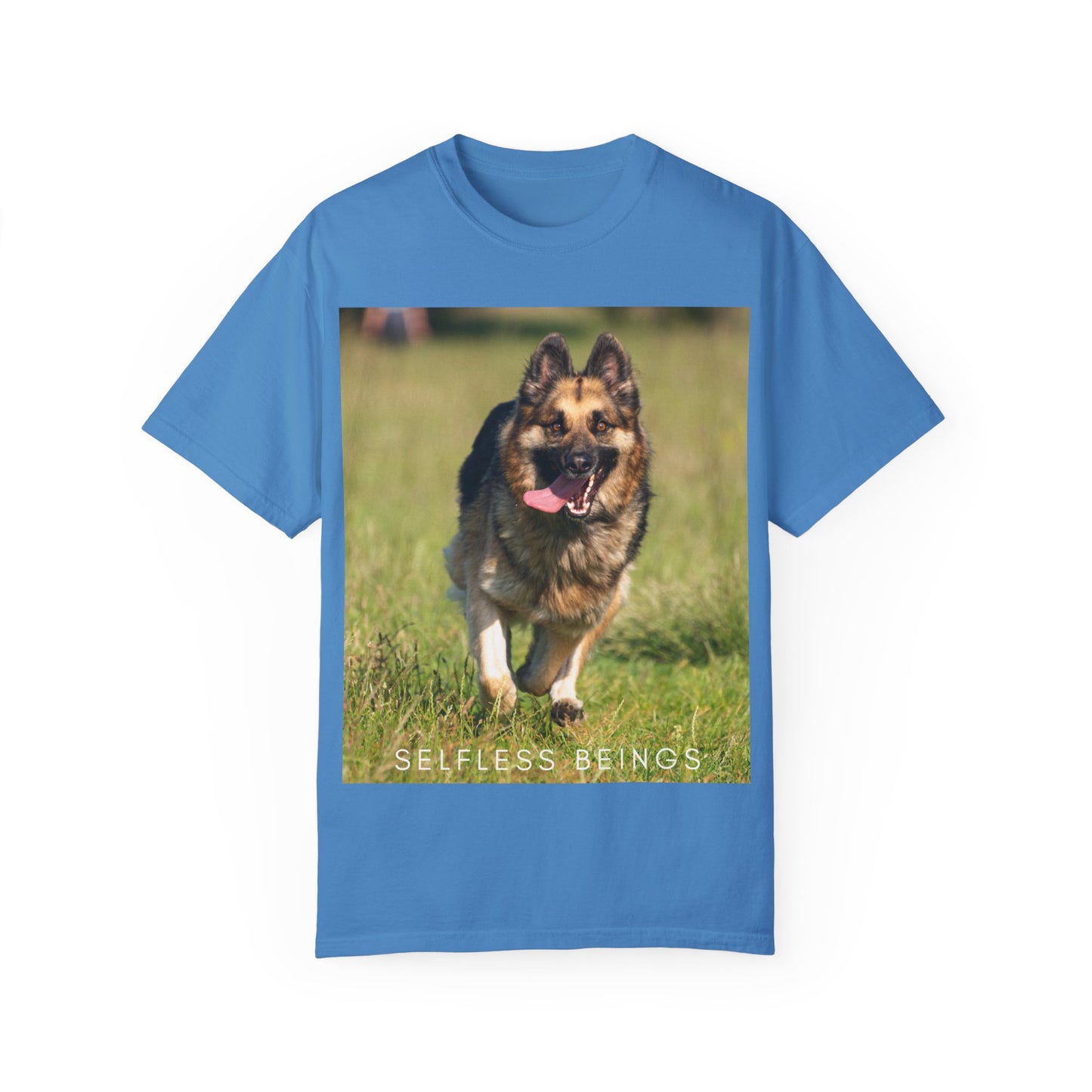 Unisex Dog Lover T-Shirt With Beautiful German Shepherd Running on the Field Leaving Tongue Out and Caption Selfless Beings