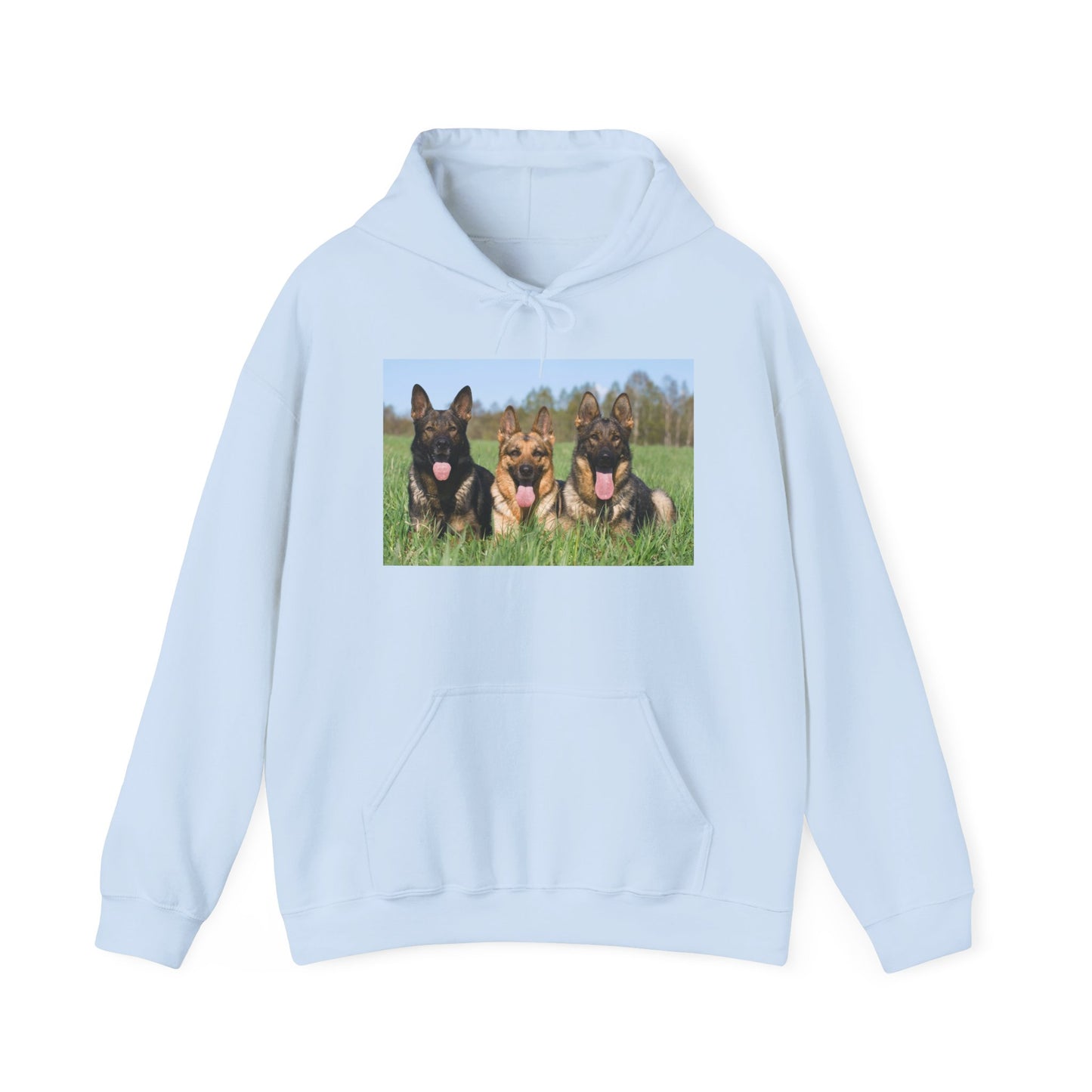 A Dog Lover Hoodie With Three Giant German Shepherds Lying on The Grass Leaving Tongues Out