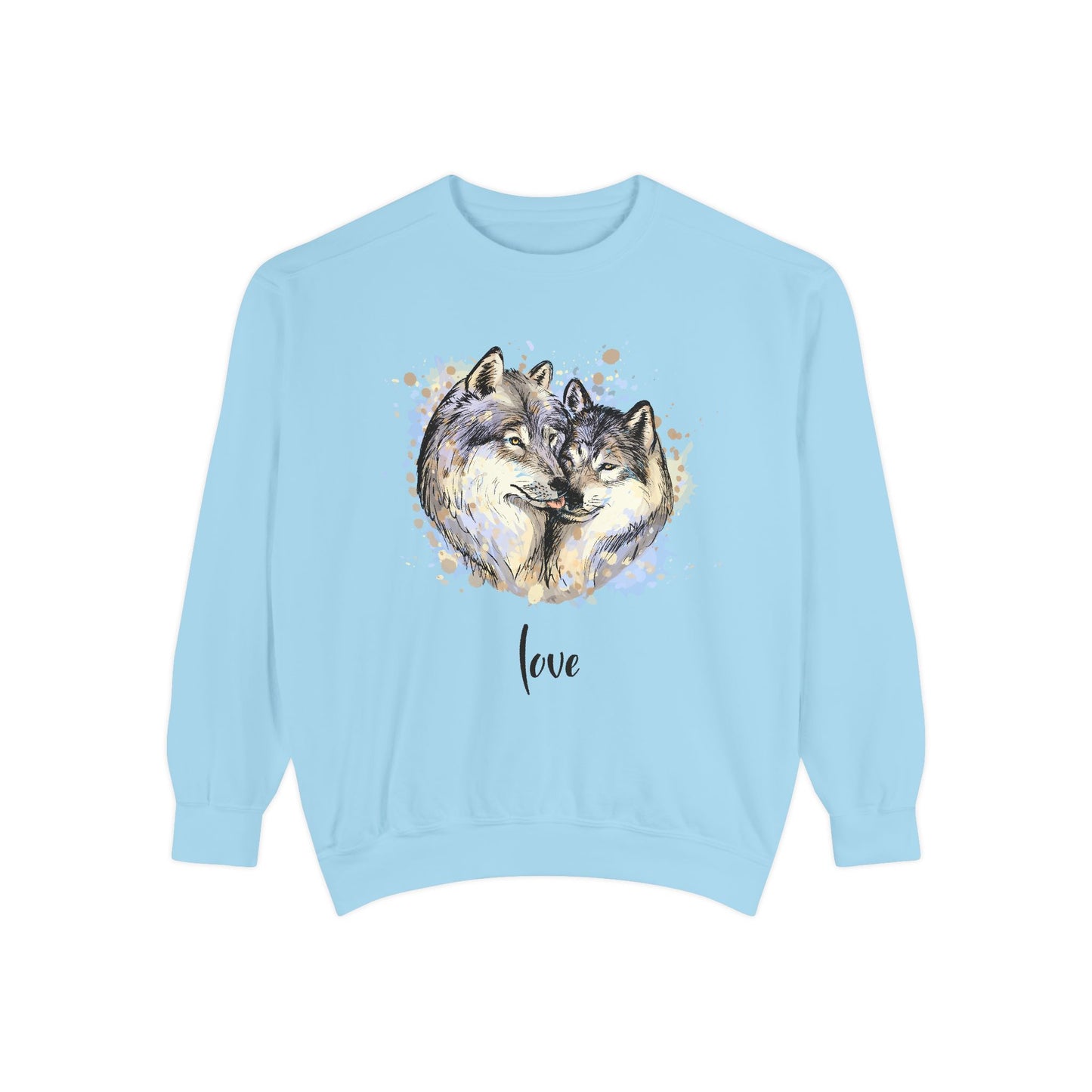 Unisex Valentine's Day Sweatshirt With a Male and Female Grey Wolves Together and Caption Love