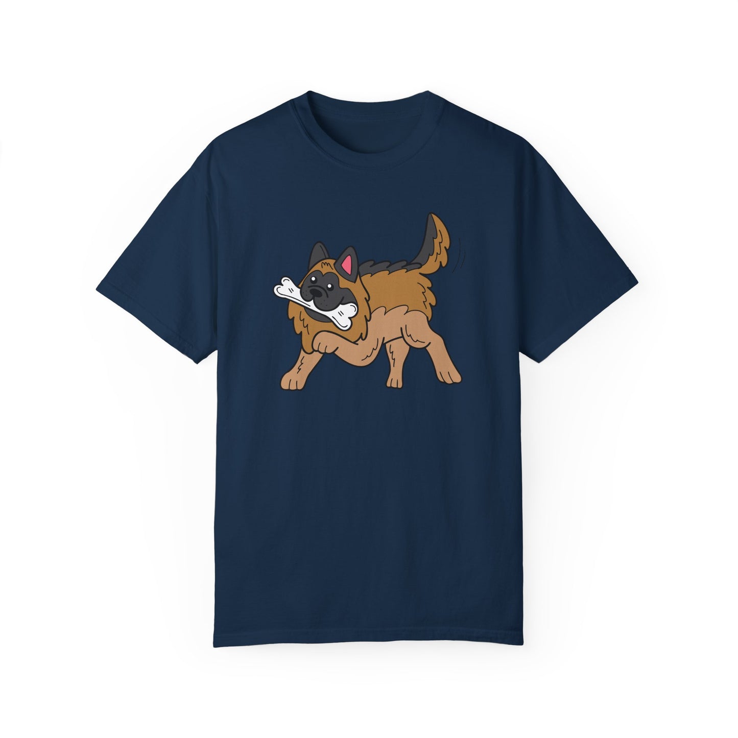 Unisex Dog Lover T-Shirt With a Graphic of a German Shepherd Holding a White Bone in Mouth