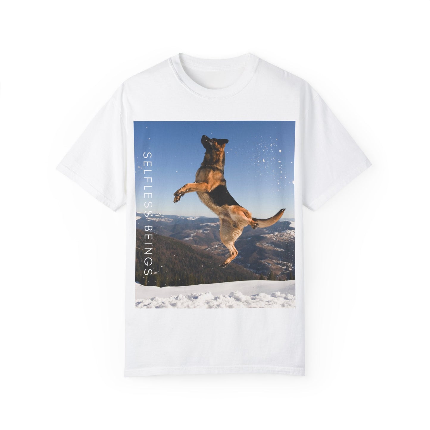 Unisex Dog Lover T-Shirt With a German Shepherd in the Air on Top of Snow Mountain and Caption Selfless Beings