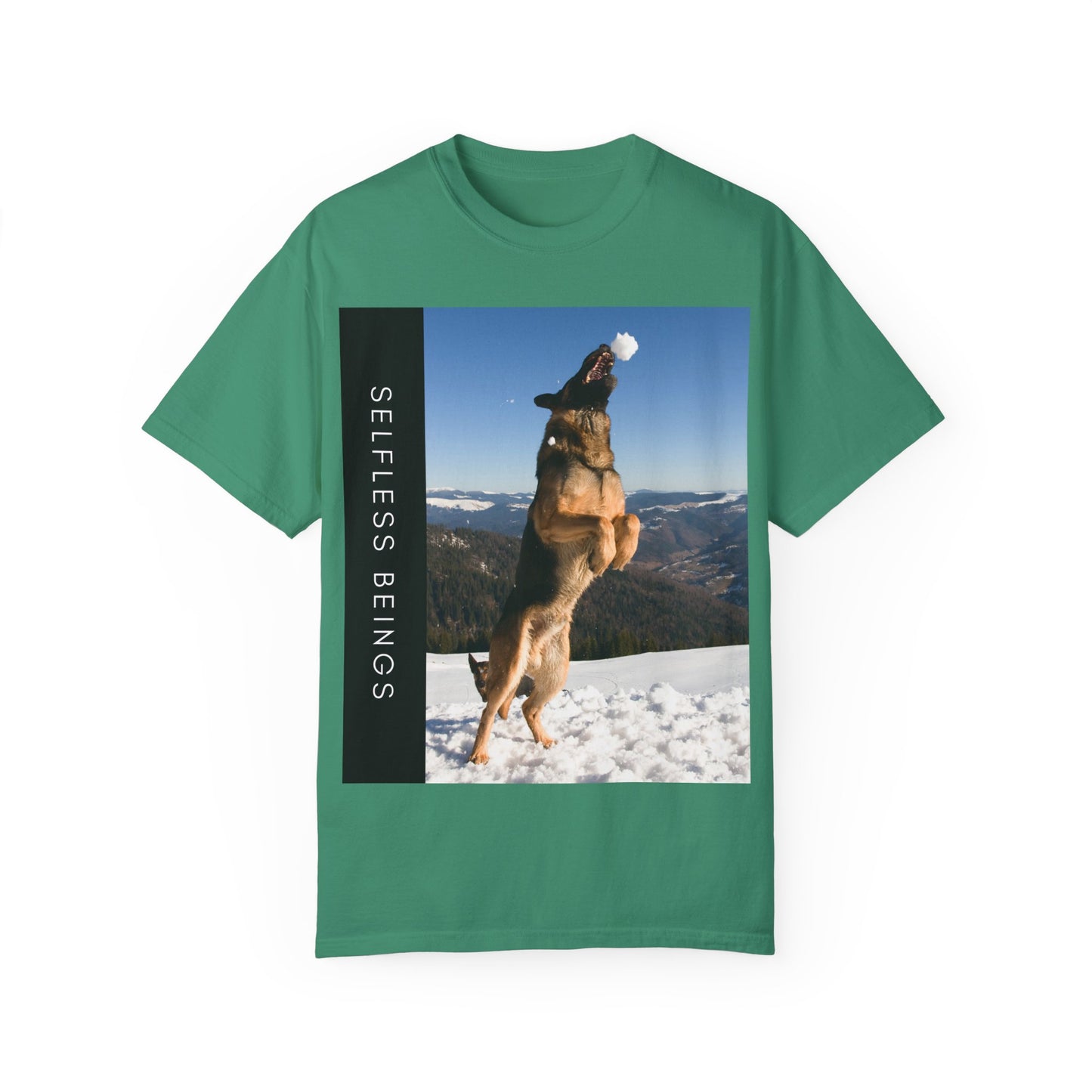 Unisex Dog Lover T-Shirt With a German Shepherd Jumps Upward to Catch a Small Snowball With Mouth and Caption Selfless Beings