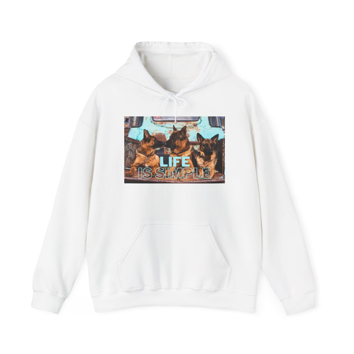 Unisex Dog Lover Hoodie With Three German Shepherds Sitting on the Truck's Cargo Bed and Caption Life is Simple