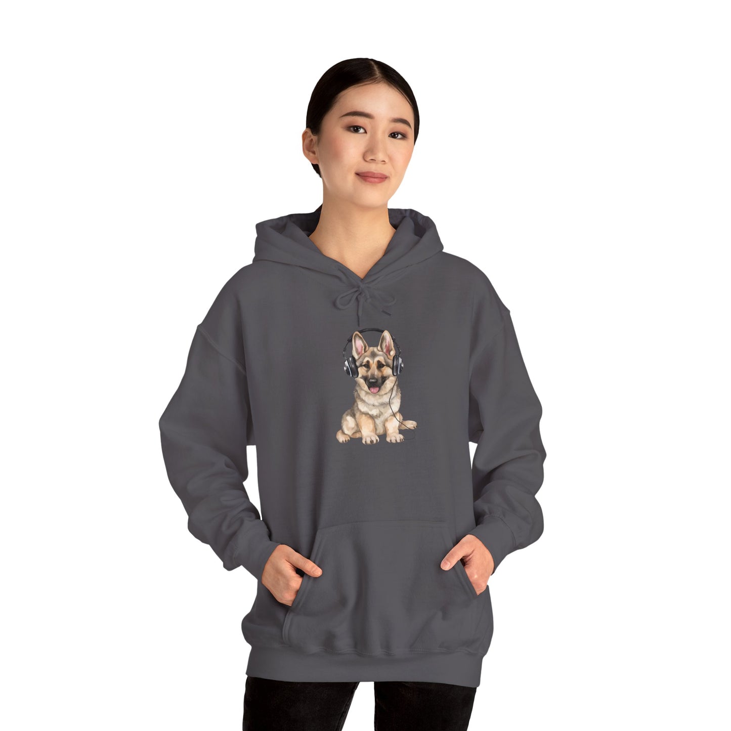 Unisex Dog Lover Hoodie With a German Shepherd Wearing Headphones Enjoying Music