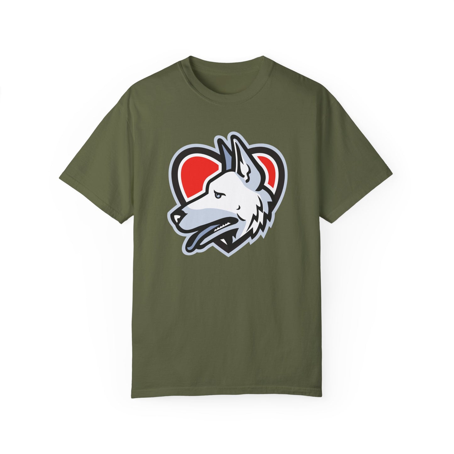 Unisex Dog Lover T-Shirt With a Close Up Graphic of German Shepherd Placed Inside Red Heart