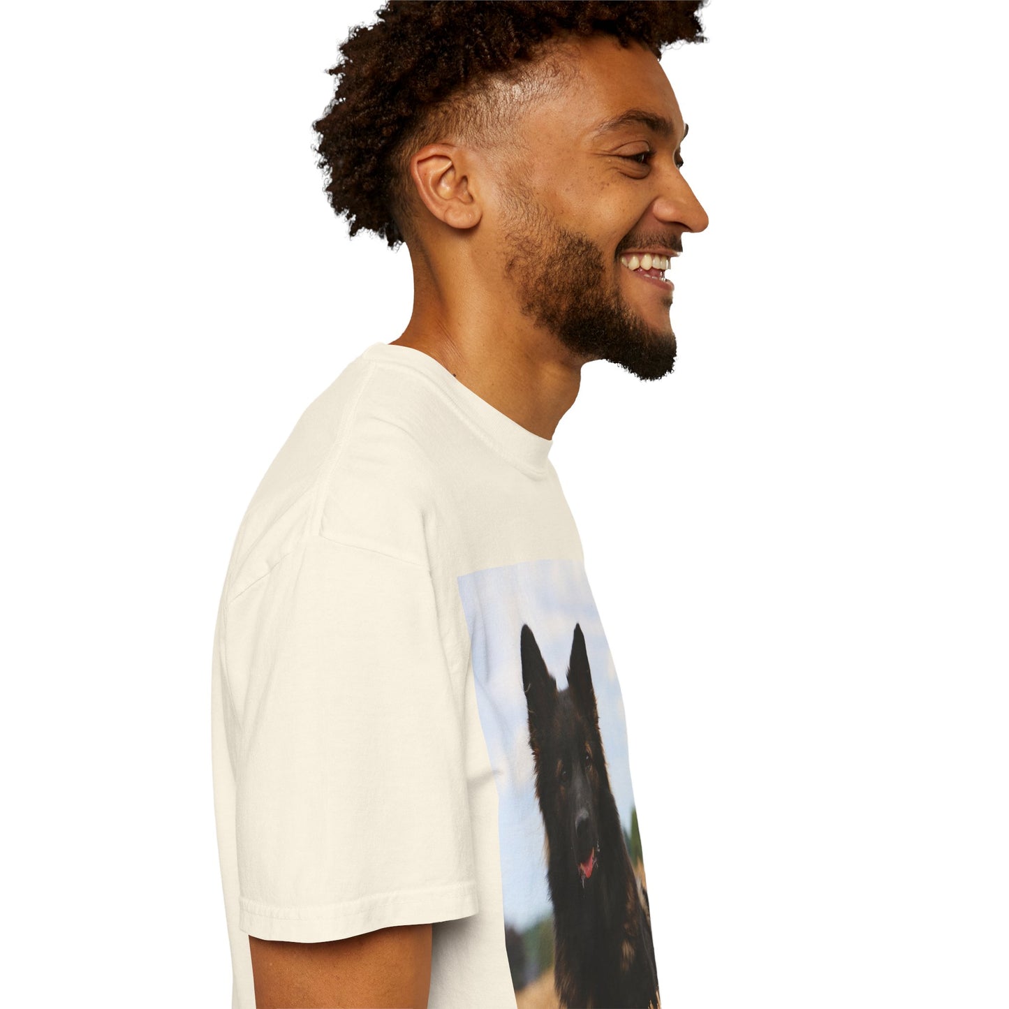 Unisex Dog Lover T-Shirt With Beautiful German Shepherd Sitting Over a Stover and Caption Selfless Beings