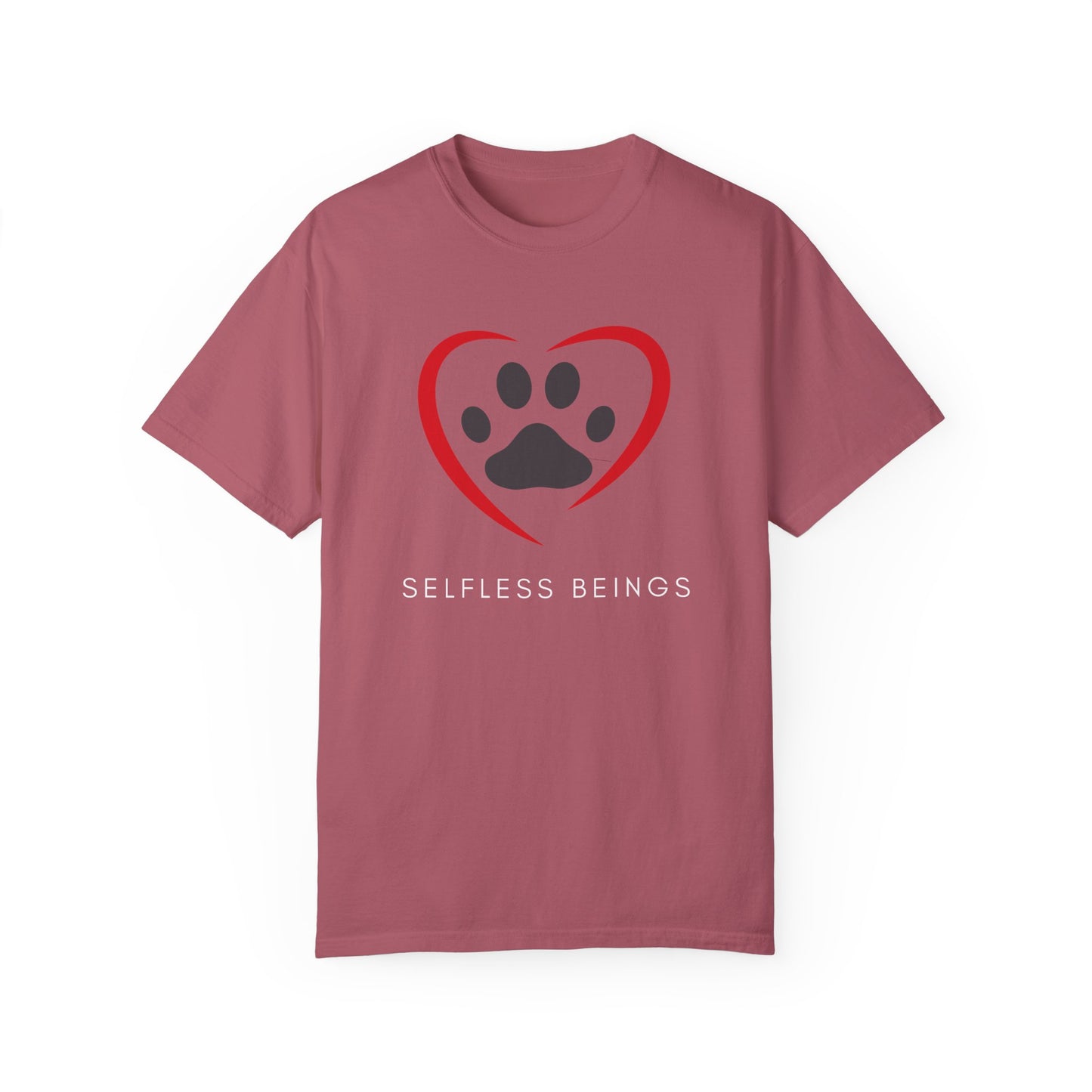 Unisex Dog Lover T-Shirt With Graphic of Curvy Heart Boundaries Contain Dog Paw Print and Caption Selfless Beings Below