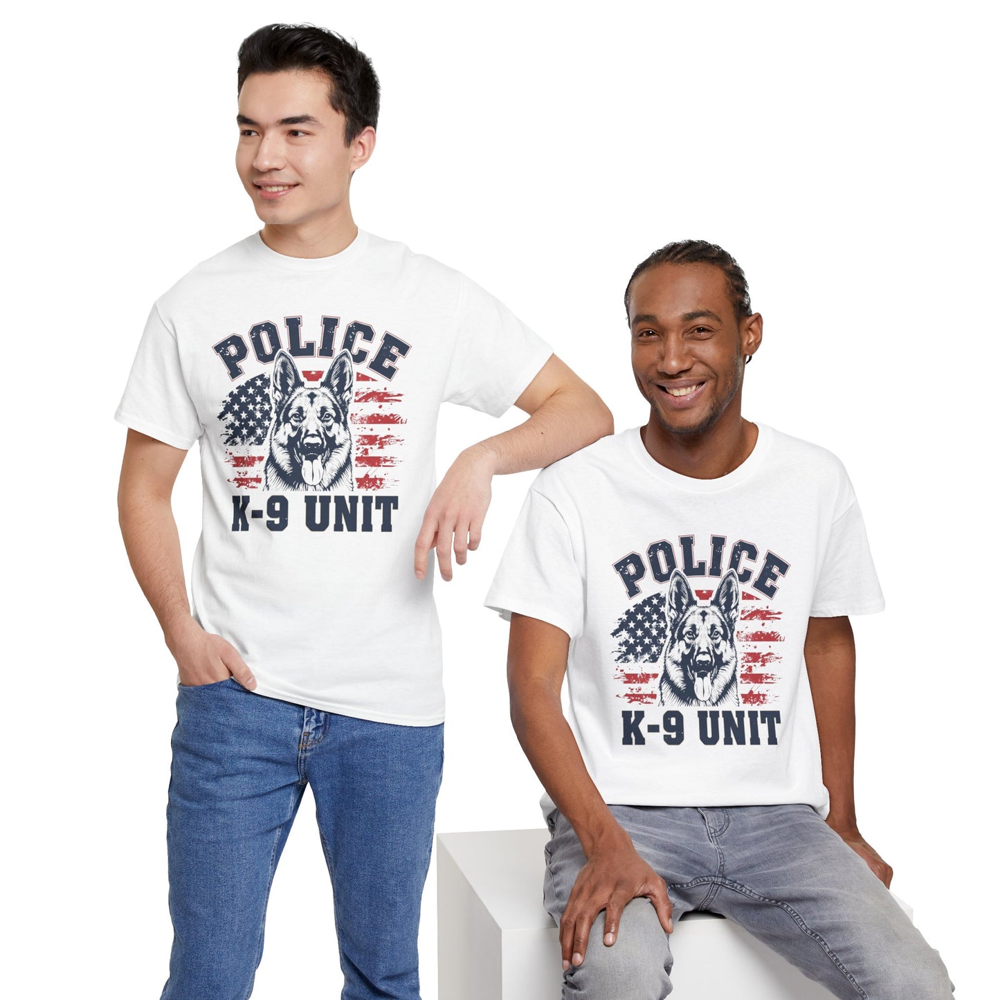 Patriotic Police K-9 Unit T-Shirt With American Flag in Background, Unisex Heavy Cotton Tee
