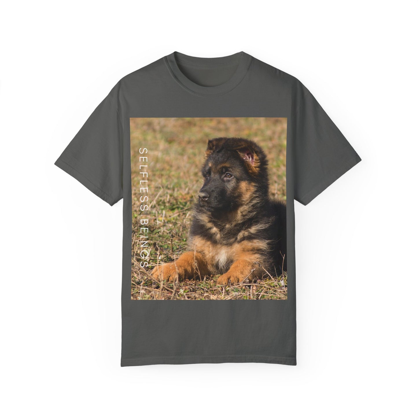 Unisex Dog Lover T-Shirt With Beautiful German Shepherd Puppy Resting On the Grass and Caption Selfless Beings