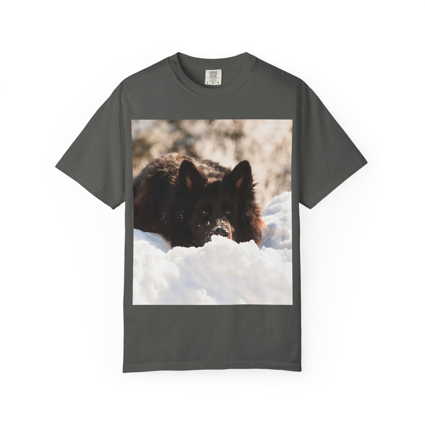 Unisex Dog Lover T-Shirt Featuring a Giant Black German Shepherd Resting on the Snow