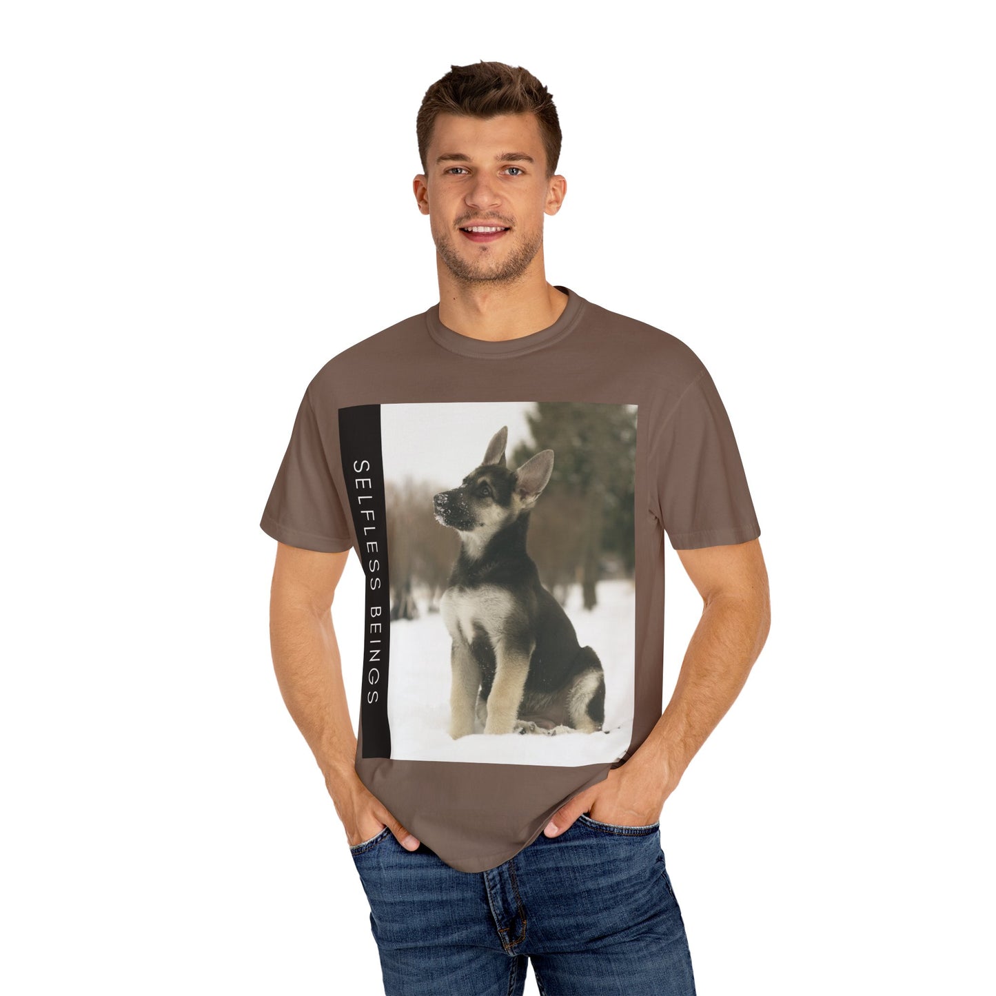 Unisex Dog Lover T-Shirt With a German Shepherd Puppy Sloppily Sitting on the Snow and Caption Selfless Beings