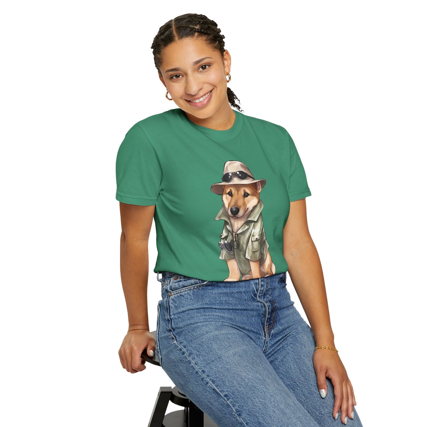 Unisex Dog Lover T-Shirt With a Graphic of German Shepherd Wearing Detector's Hat and Costume