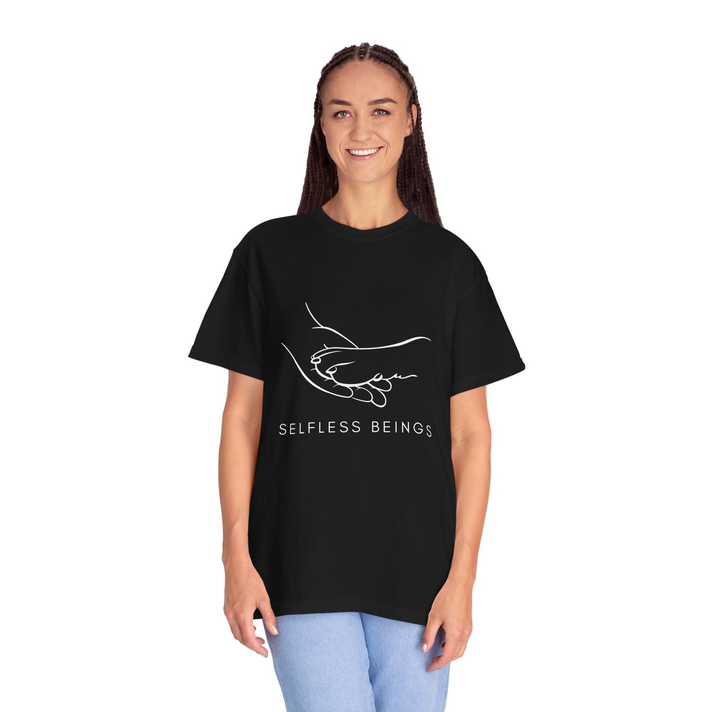Unisex Dog Lover T-Shirt With Illustration of Dog Paw on Human Hand and Caption Selfless Beings Below