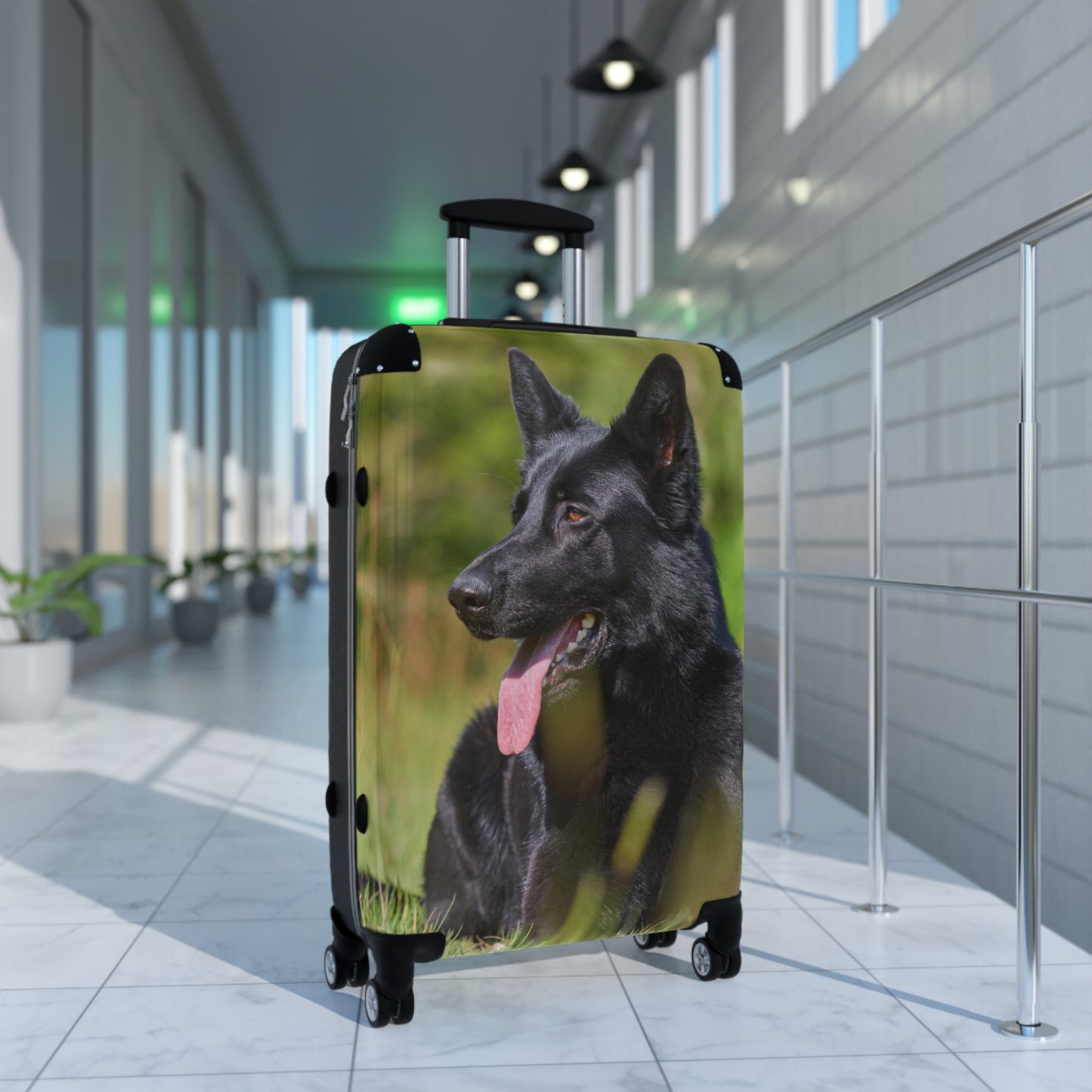 Dog Lovers Suitcase Featuring a Black German Shepherd Resting on Grass Looking Sideways
