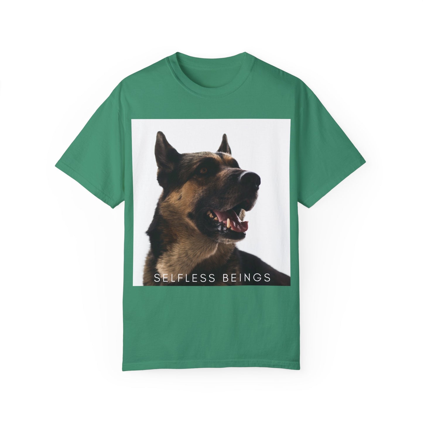 Unisex Dog Lover T-Shirt With Close Up of Large German Shepherd Turning His Face and Caption Selfless Beings
