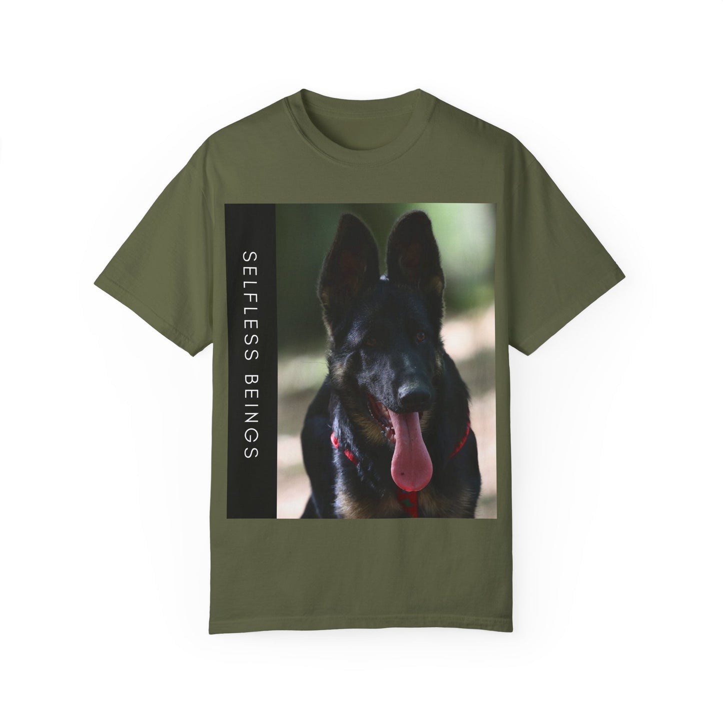 Unisex Dog Lover T-Shirt With Close Up Portrait of Slim German Shepherd Leaving His Tongue Out and Caption Selfless Beings