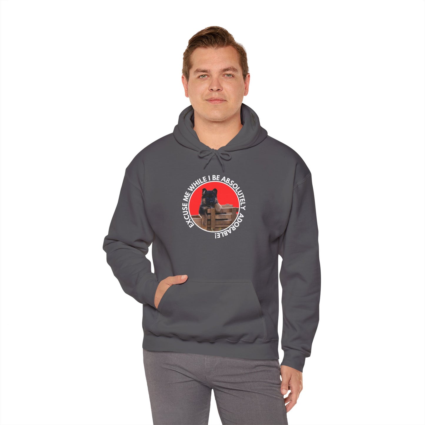 Unisex Dog Lover Hoodie With German Shepherd Puppy Sitting on the Toy Wooden Tractor and Caption Excuse Me While I Be Absolutely Adorable
