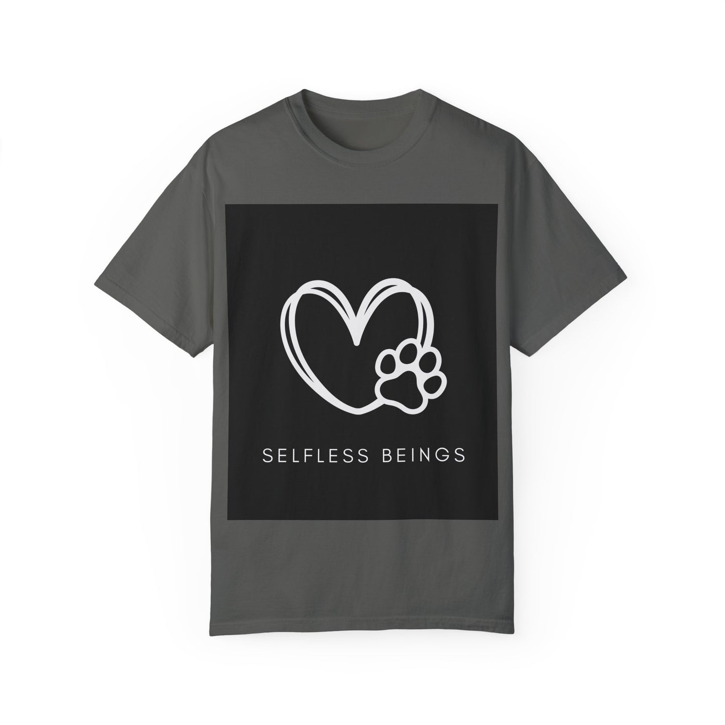 Unisex Dog Lover T-Shirt With White Heart and Dog's Paw Print on Right Side and Caption Selfless Beings