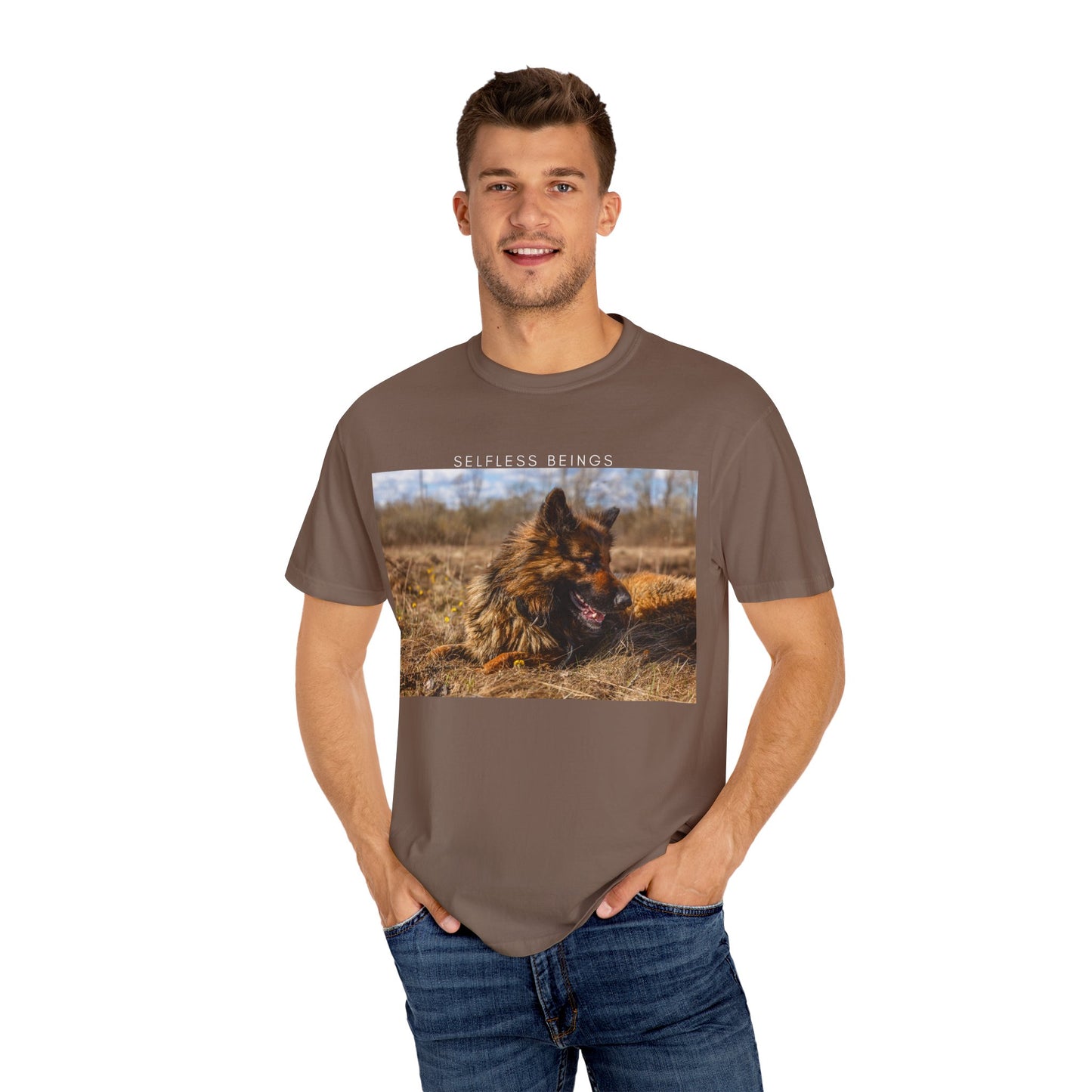 Unisex Dog Lover T-Shirt With a German Shepherd Lying on the Dry Grass in Spring and Caption Selfless Beings