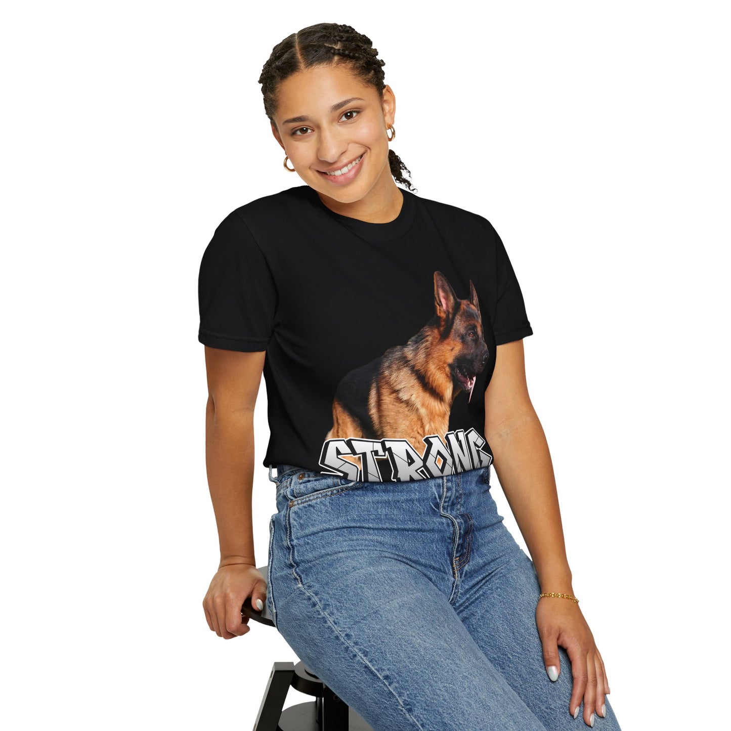 Unisex T-Shirt With German Shepherd Leaving Tongue Out Standing for a Pose and Text STRONG