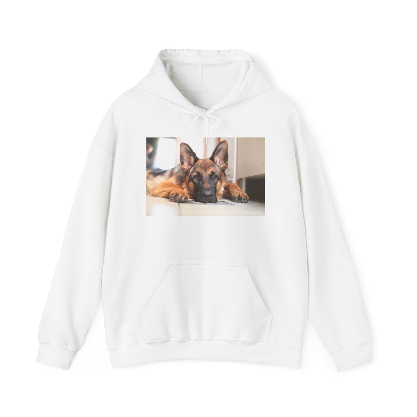 A Unisex Hoodie With a German Shepherd Lying His Head on the Floor