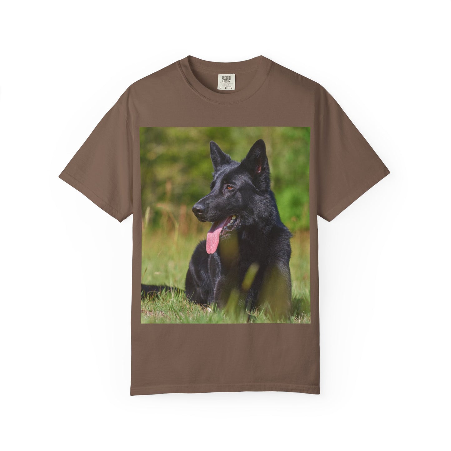 Unisex Garment-Dyed T-Shirt Featuring a Black German Shepherd Resting on Grass Looking Sideways