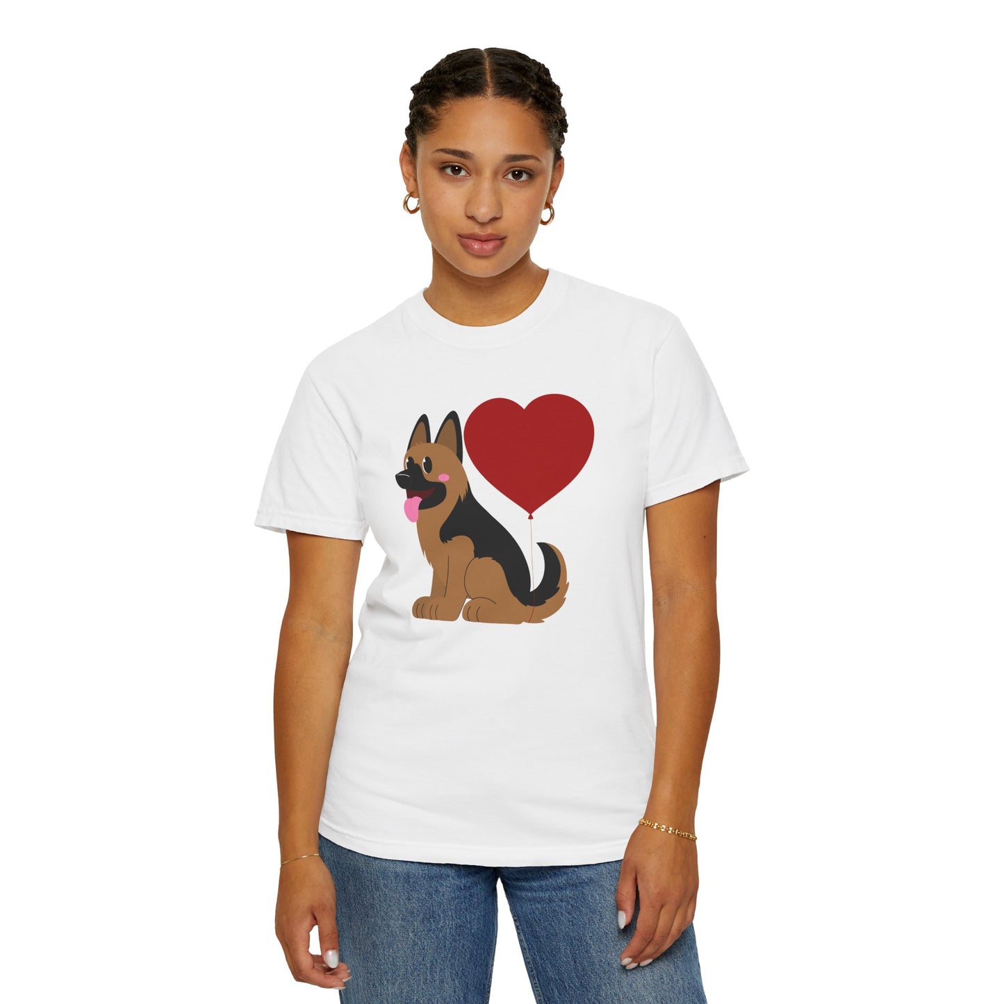 Unisex Dog Lover T-Shirt With a Graphic of German Shepherd Puppy and Heart Shaped Balloon Attached With Tail