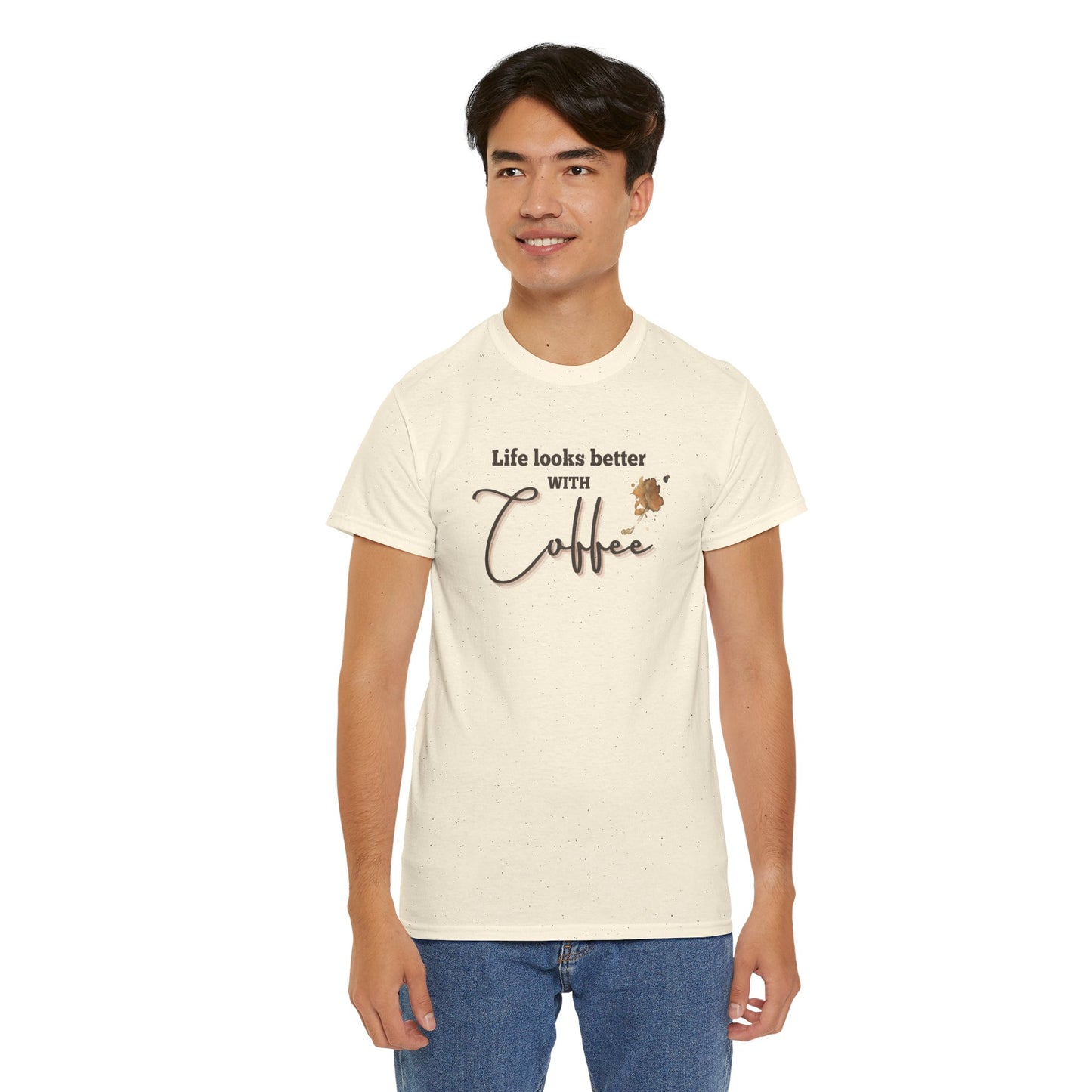 Life Looks Better with Coffee Tee | Unisex Cotton Tee for Coffee Lovers, Gift for Birthdays, Anniversaries, Casual Wear, Coffee-themed
