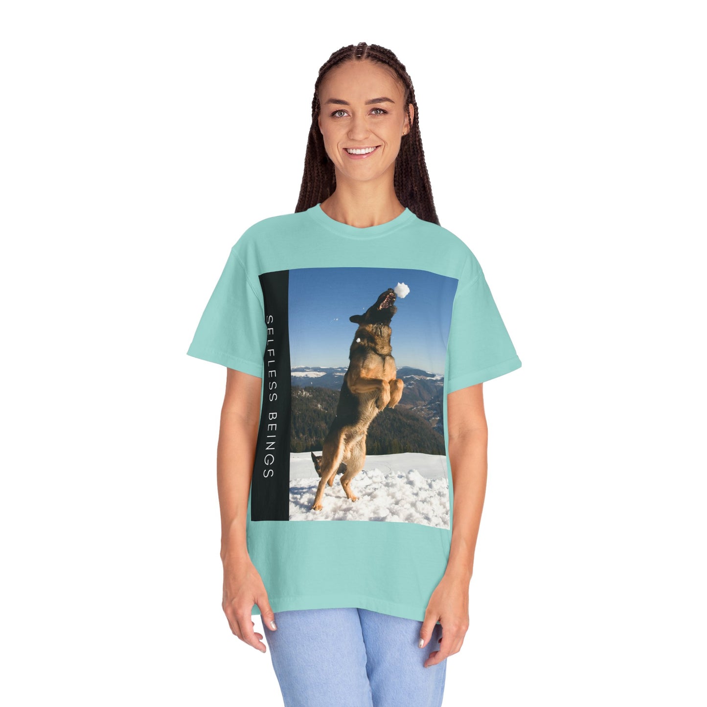 Unisex Dog Lover T-Shirt With a German Shepherd Jumps Upward to Catch a Small Snowball With Mouth and Caption Selfless Beings
