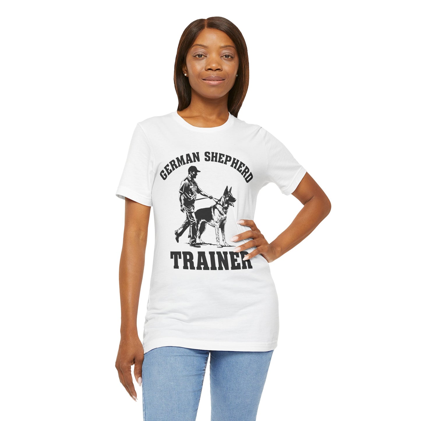 German Shepherd Trainer Tee - Black and White Design of Man Holding a German Shepherd