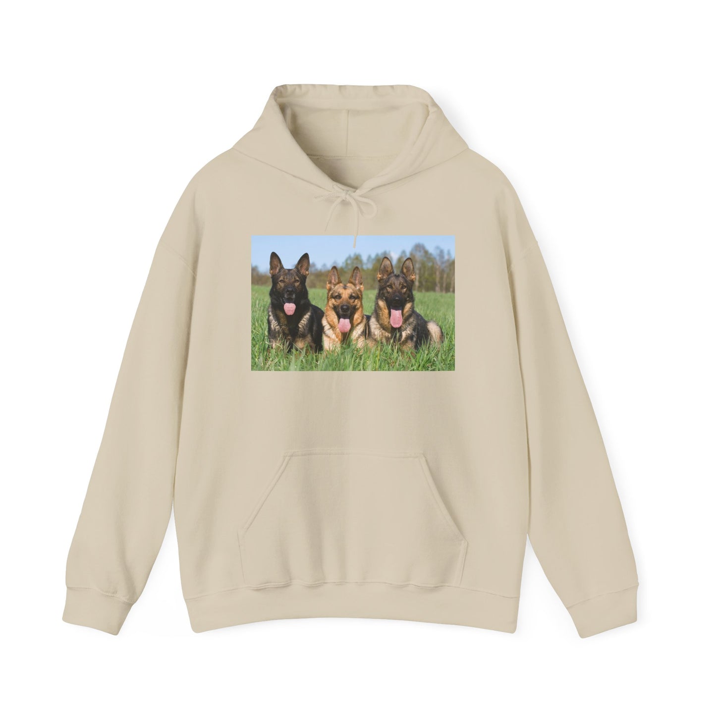 A Dog Lover Hoodie With Three Giant German Shepherds Lying on The Grass Leaving Tongues Out