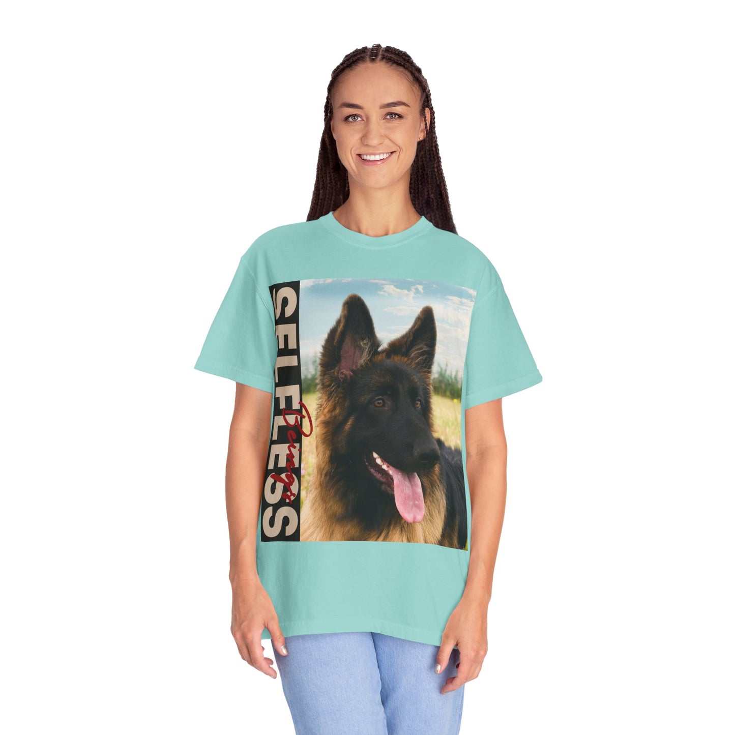 Unisex Dog Lover T-Shirt With Young Long Coat German Shepherd Looking Sideways Leaving Tongue Out and Caption Selfless Beings Written With Beige Red