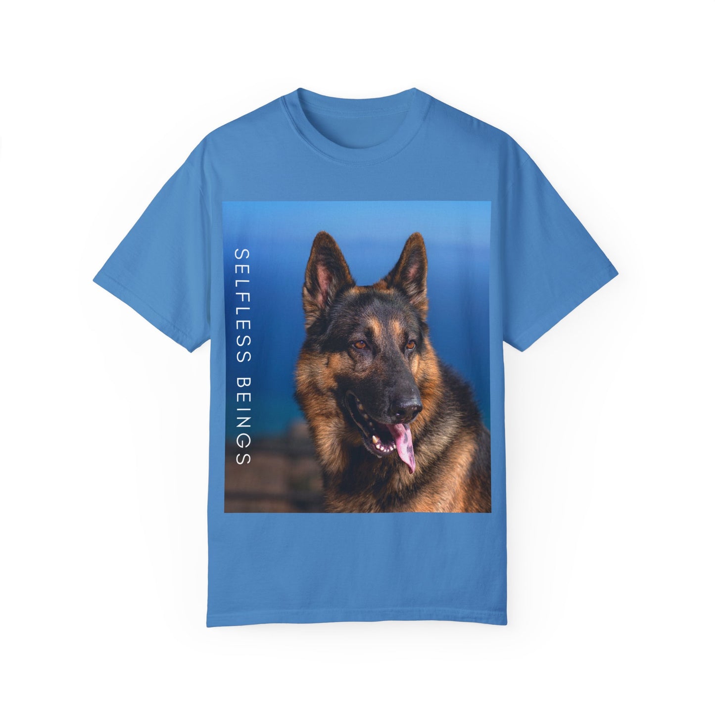 Unisex Dog Lover T-Shirt With Close Up of German Shepherd, Blue Sea in the Background and Caption Selfless Beings