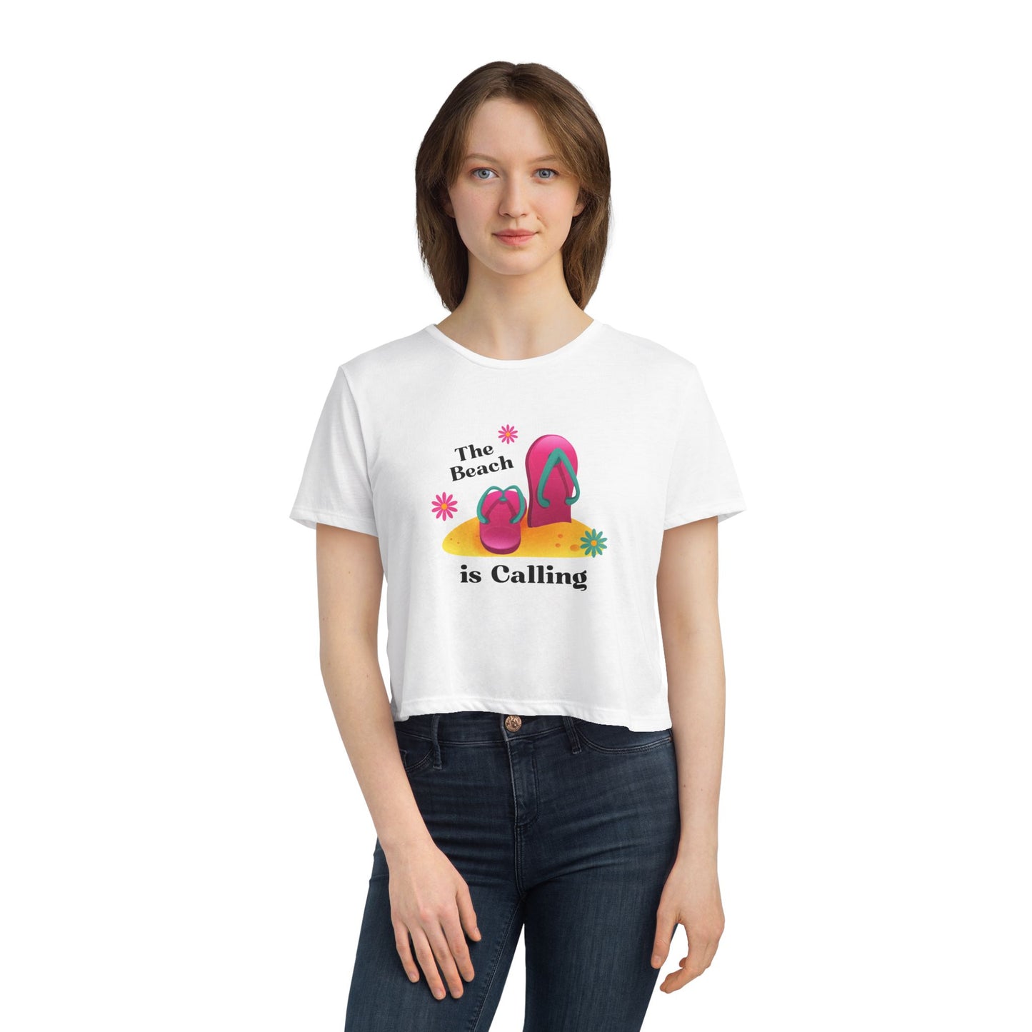 Beach Vibes Flowy Cropped Tee - The Beach is Calling, Summer Shirt, Women's Tee, Vacation Top, Beach Lover Gift, Relaxing Daywear