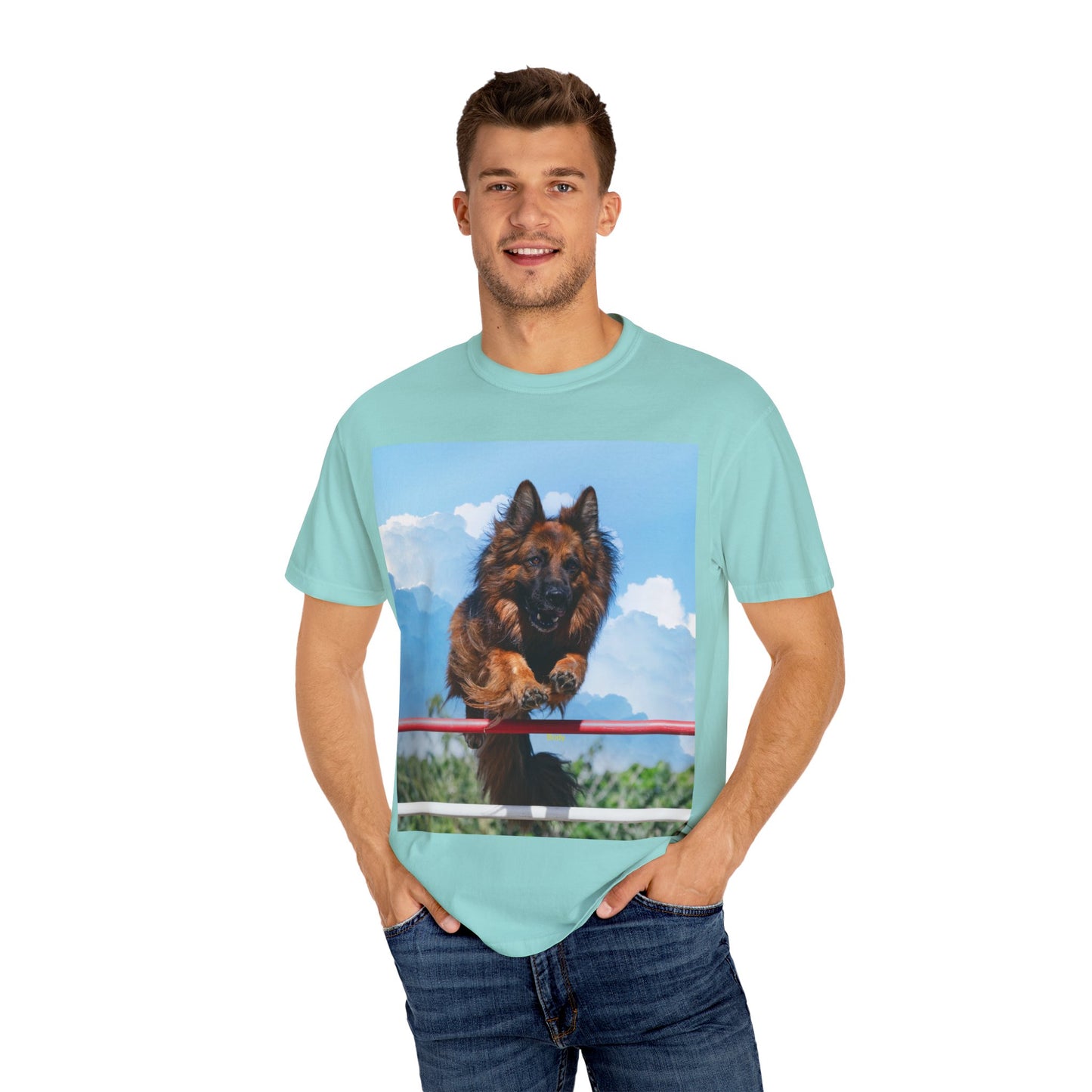 Unisex Dog Lovers T-Shirt Featuring a German Shepherd Jumping An Agility Fence