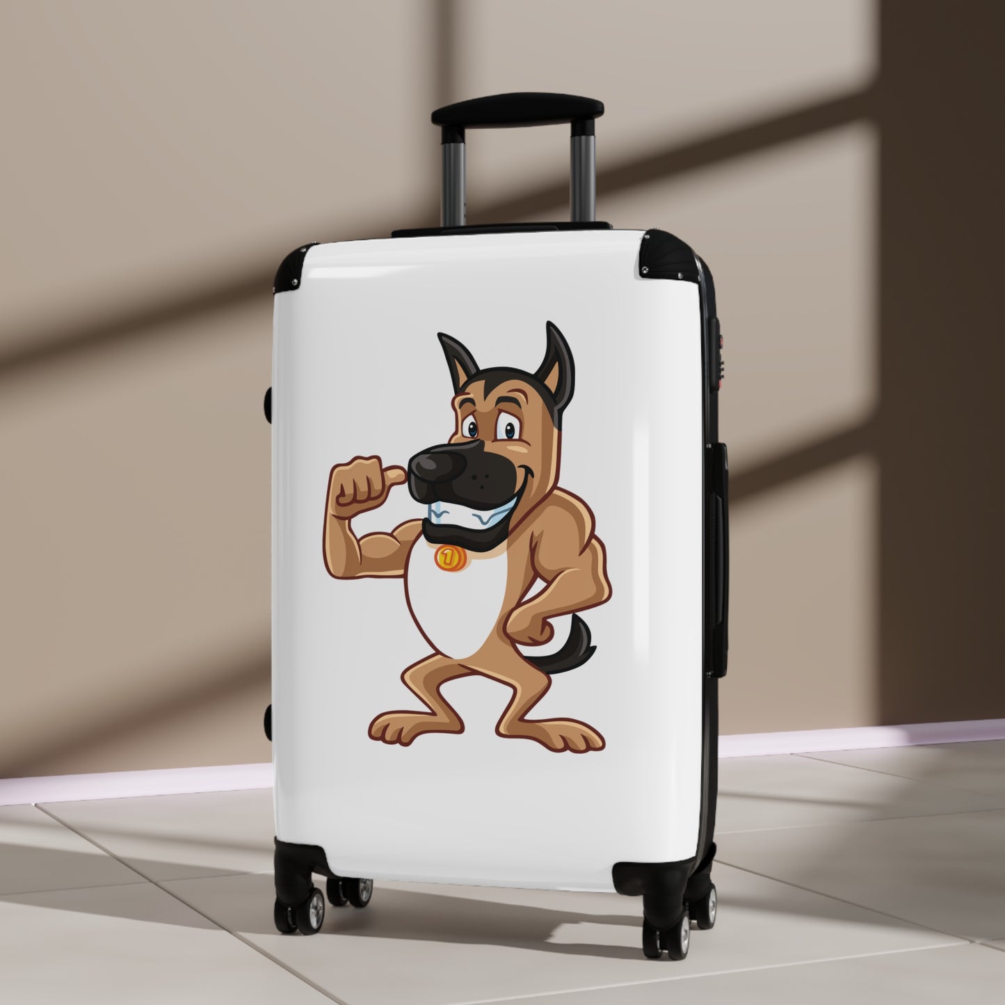 Dog Lover Suitcase Featuring a Funny Cartoon of Muscular German Shepherd Standing on Two Legs