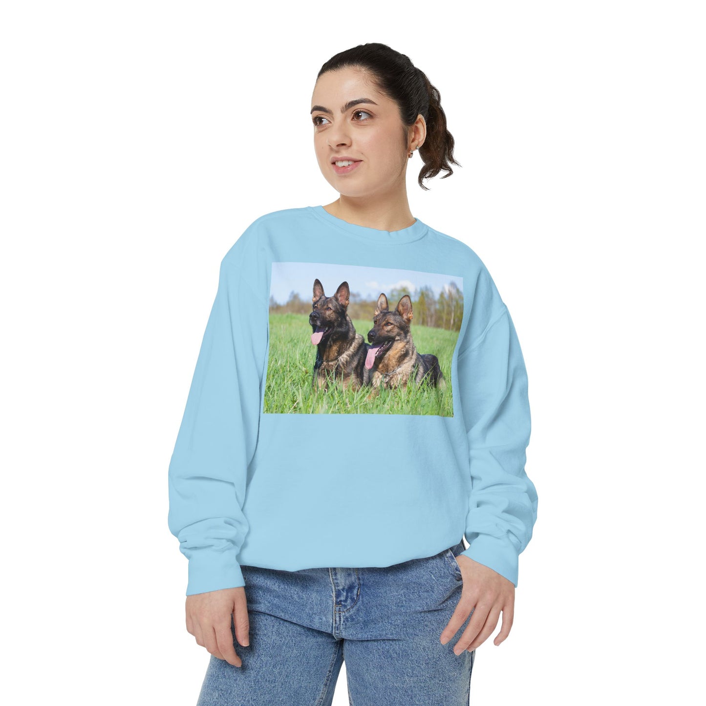 Unisex Dog Lover Sweatshirt With Two Giant German Shepherds Lying on the Grass With Tongues Out