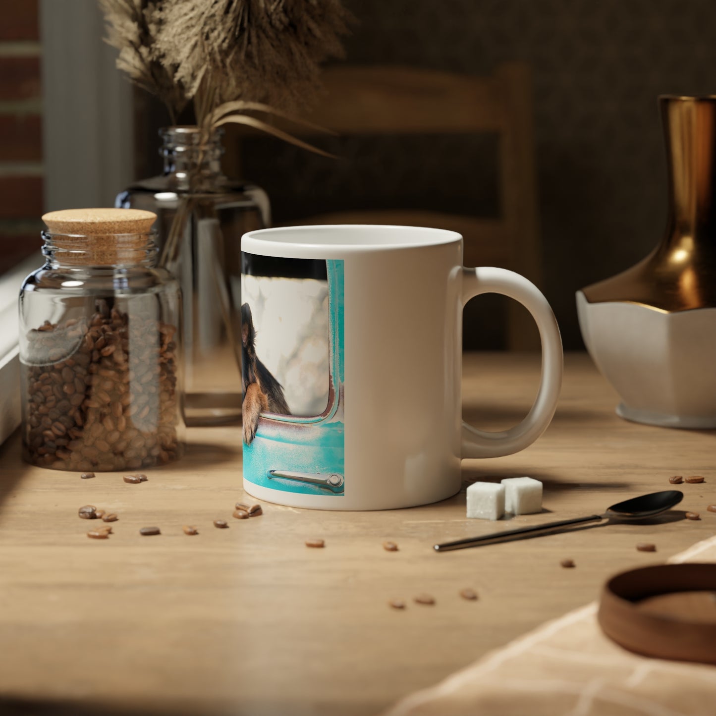 Jumbo Mug, 20oz With a German Shepherd Puppy Putting His Head and Front Legs On The Truck Seat's Window