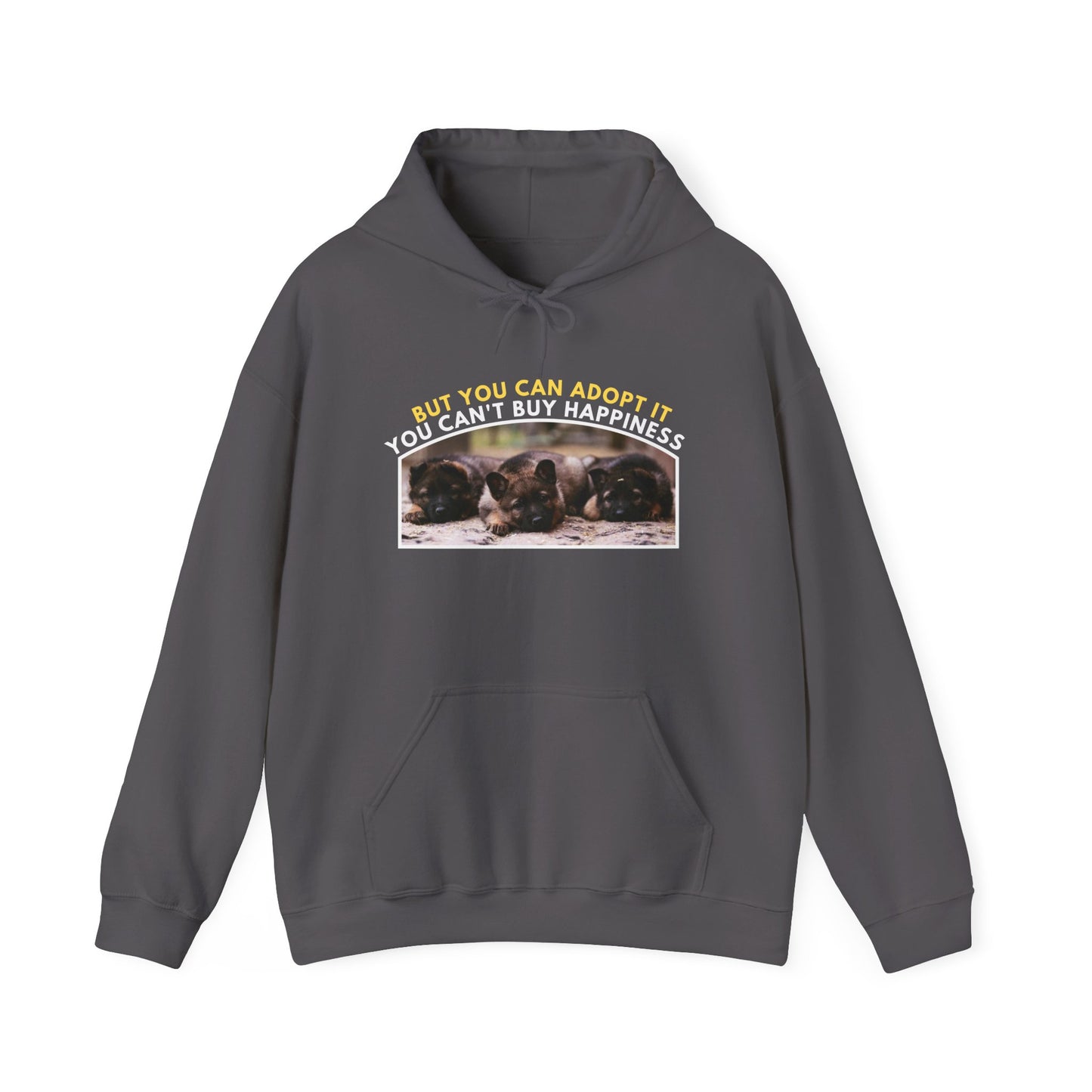 Unisex Dog Lover Hoodie With Three Cute German Shepherd Puppies Sitting in a Row and Caption You Can't Buy Happiness But You Can Adopt It