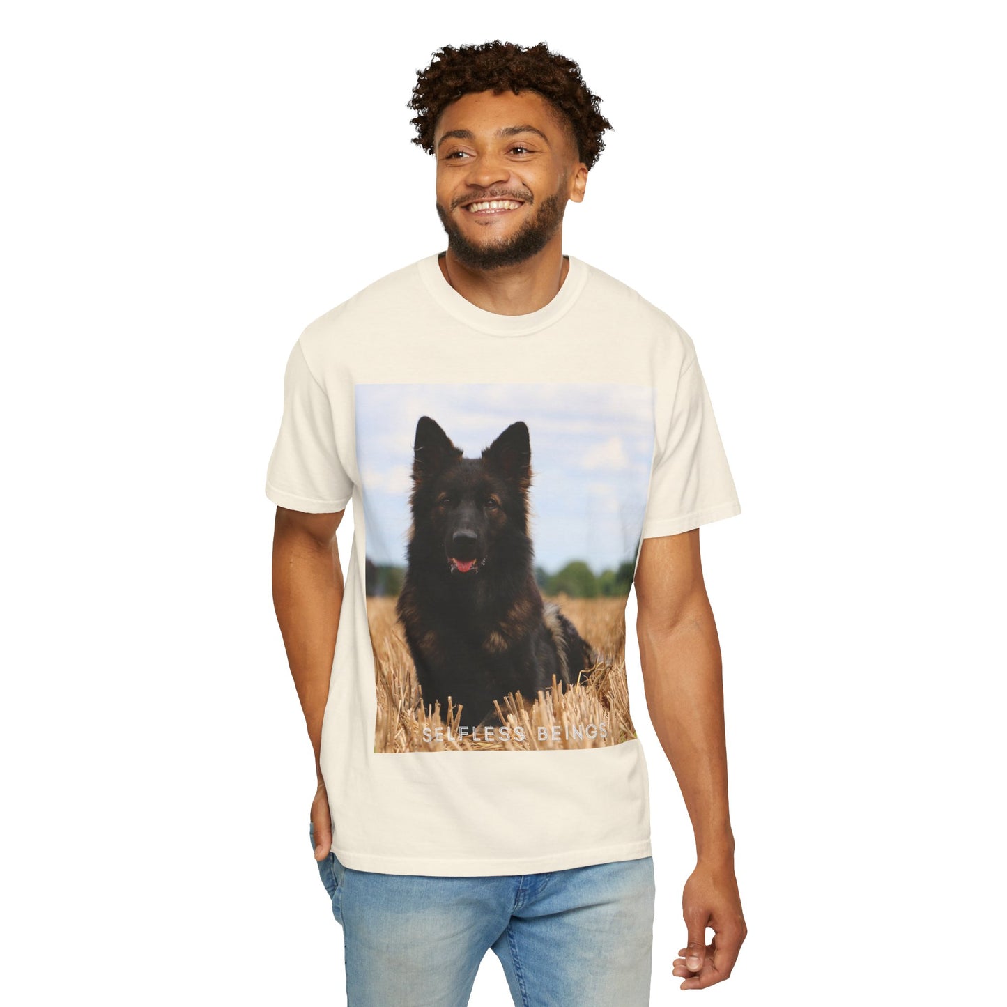 Unisex Dog Lover T-Shirt With Beautiful German Shepherd Sitting Over a Stover and Caption Selfless Beings