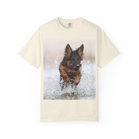 Unisex Dog Lover T-Shirt Featuring a German Shepherd Puppy Jumping In The Water