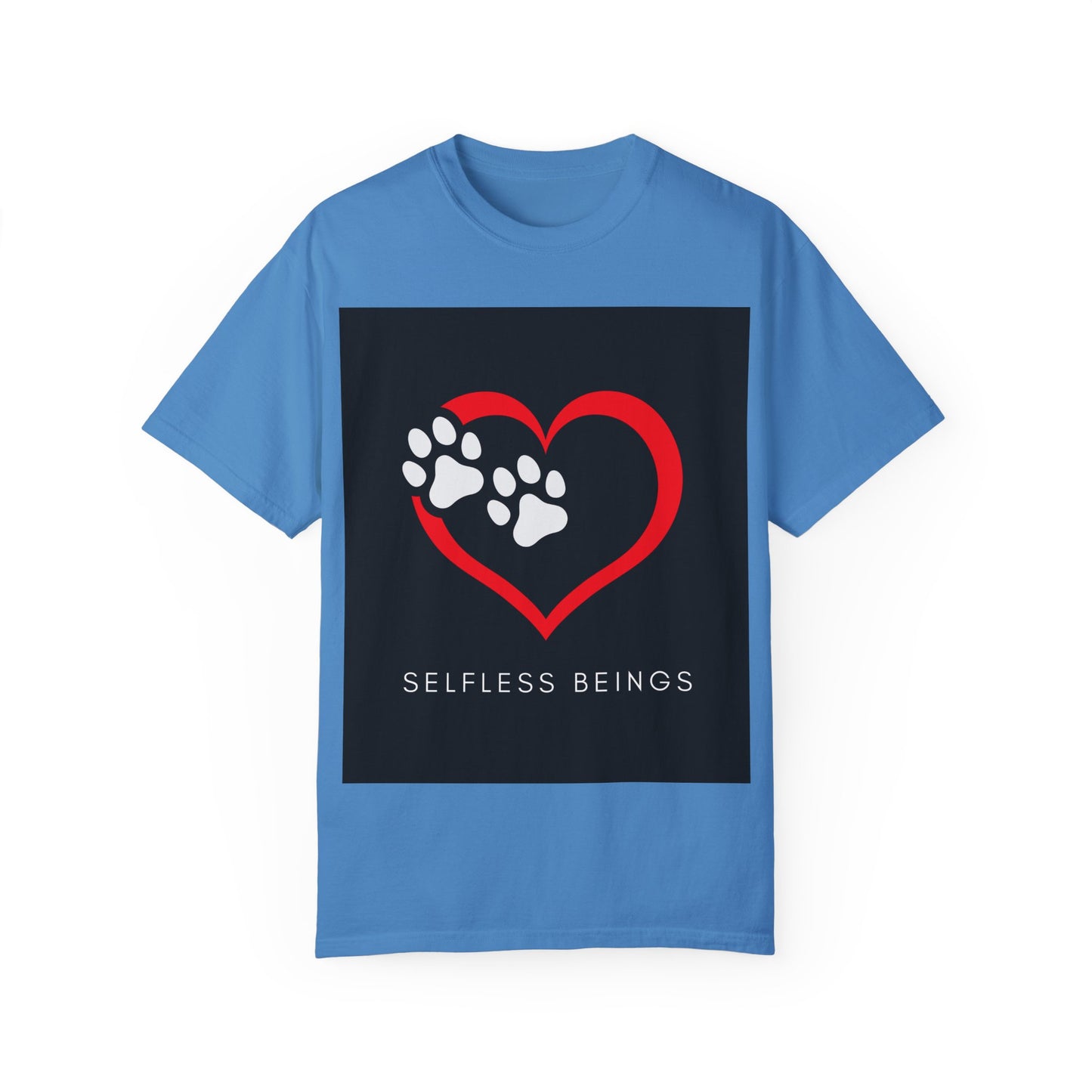 Unisex Dog Lover T-Shirt With Graphic of Red Heart That Contains Two White Dog Paw Prints and Caption Selfless Beings