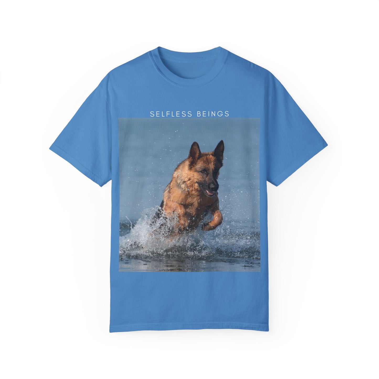 Unisex Dog Lover T-Shirt With Showline German Shepherd Swimming in the Sea and Caption Selfless Beings on Top