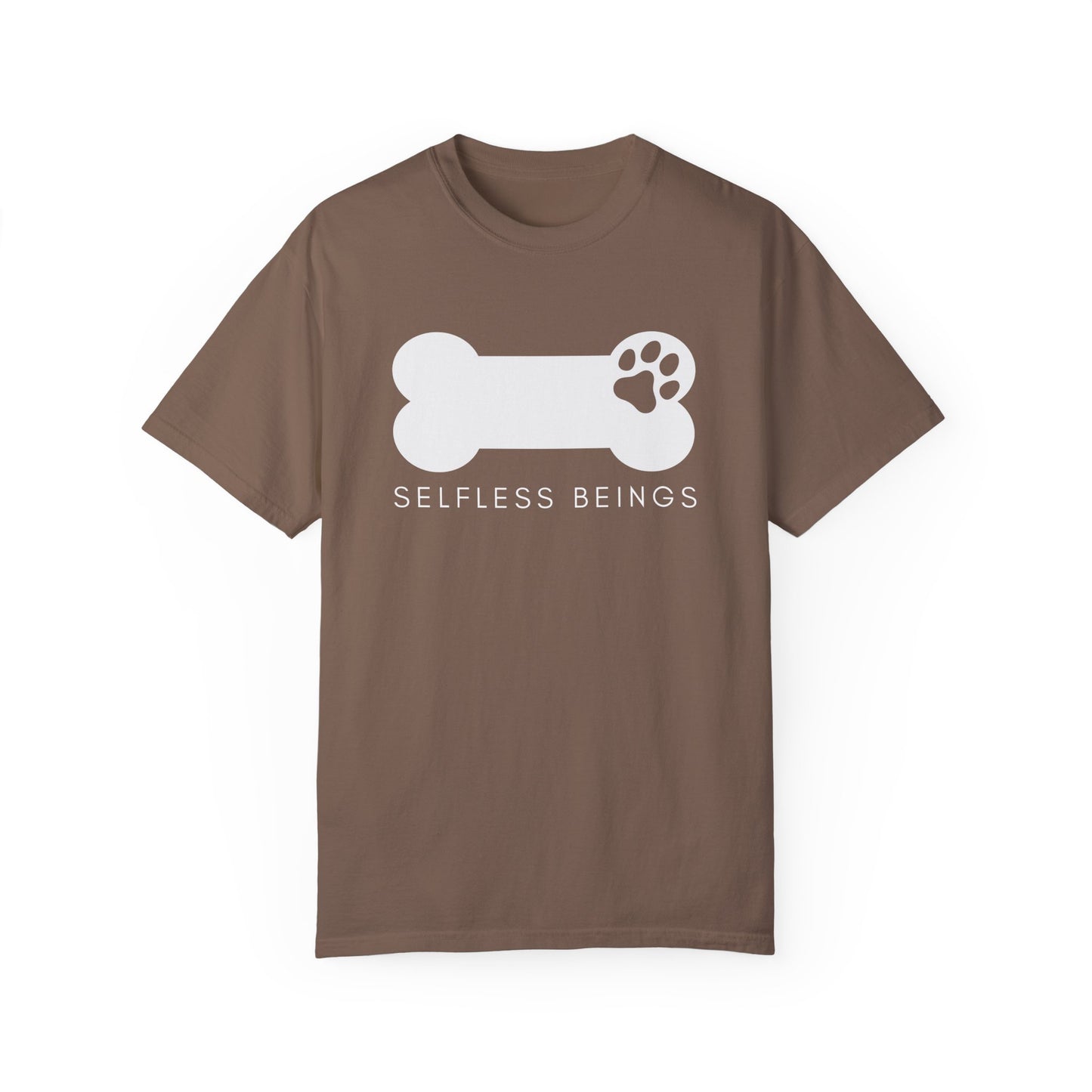 Unisex Dog Lover T-Shirt With Dog's Paw Print Inside a Bone and Caption Selfless Beings