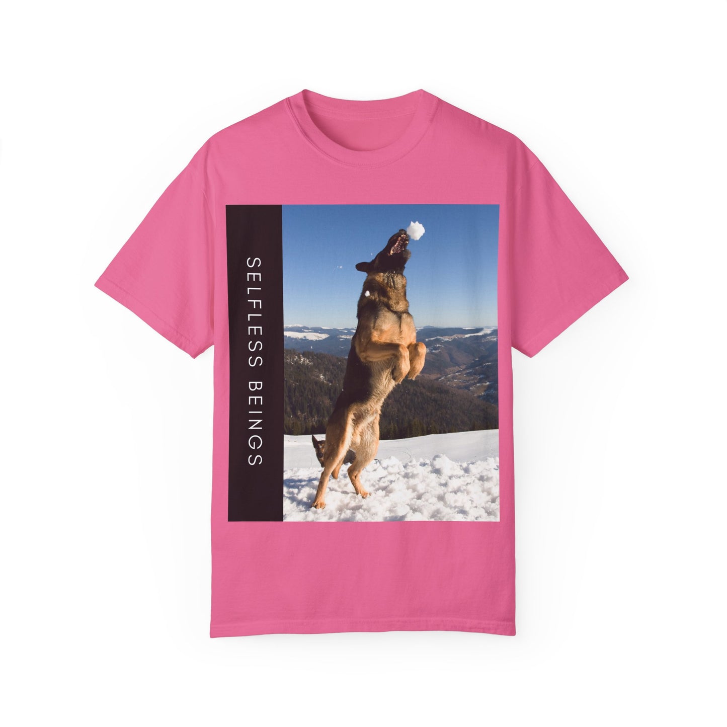 Unisex Dog Lover T-Shirt With a German Shepherd Jumps Upward to Catch a Small Snowball With Mouth and Caption Selfless Beings