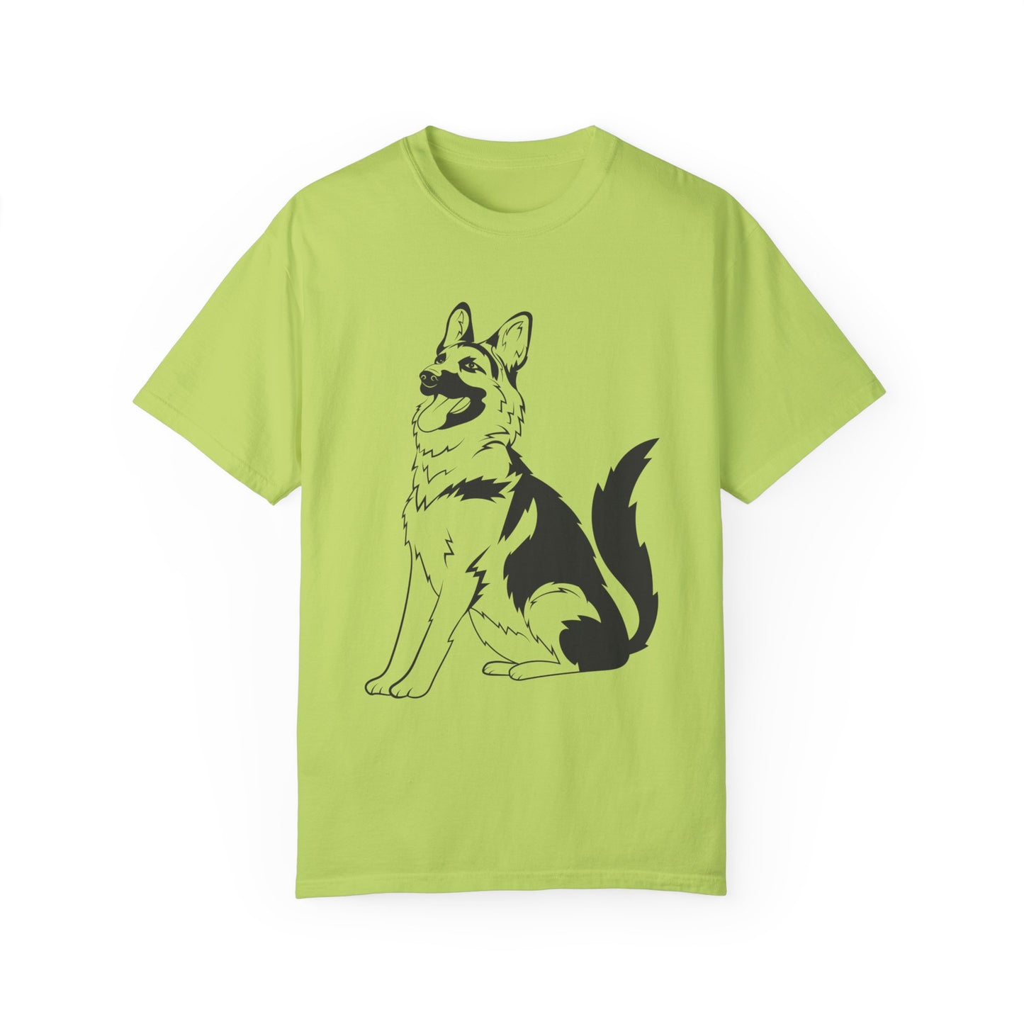 Unisex Dog Lover T-Shirt With a Graphic of Black and Transparent German Shepherd Sloppily Sitting