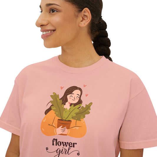 Women's Boxy Tee with 'Flower Girl' Design - Cute Fall Apparel, Casual Wear, Gift for Plant Lovers, Bohemian Style, Eco-Friendly Fashion